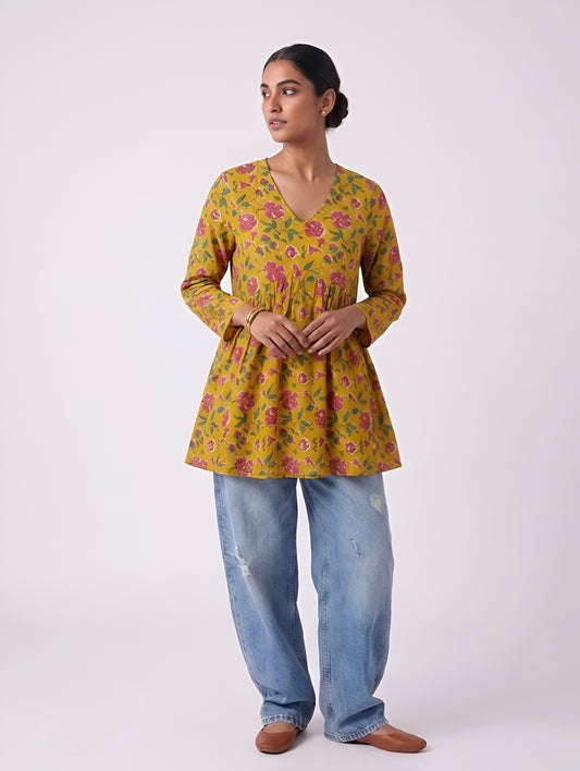 Mustard Bloom Printed A-Line Kurti