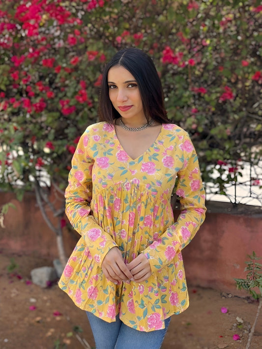Mustard Bloom Printed A-Line Kurti