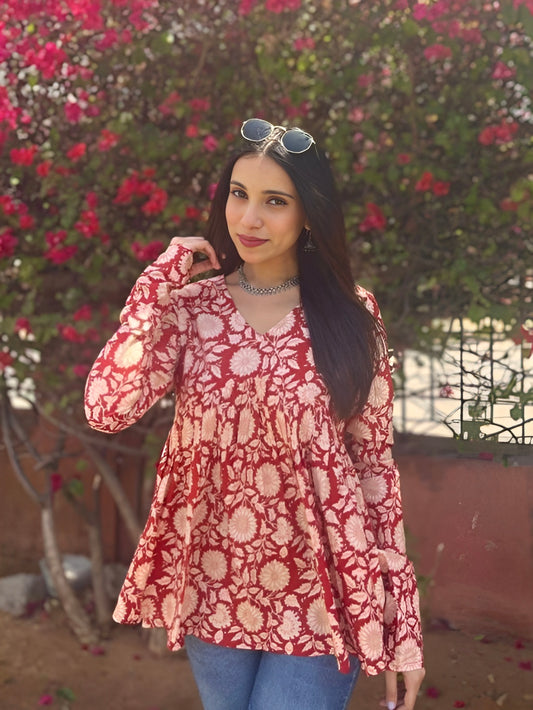 Royal Maroon Floral Flare Kurti